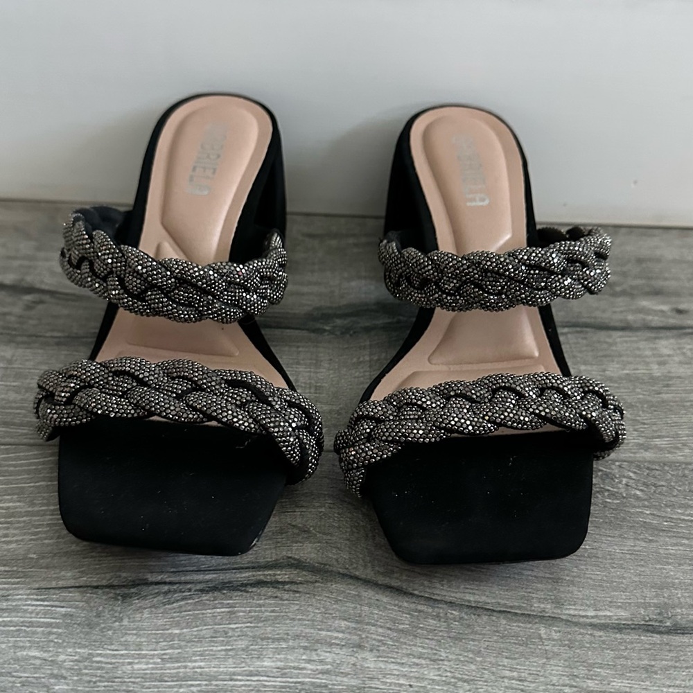 Women's Black Braided Beaded Slide Sandals